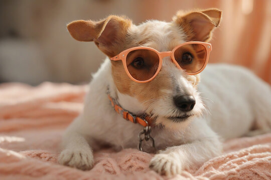 Fantastic close-up photo of a cute funny Fox terrier in bright peach sunglasses