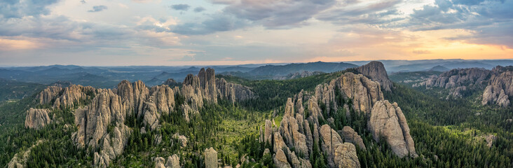Sunset of the Cathedral Spires formation at Custer Sate Park - South Dakota from the Needles Highway - Powered by Adobe