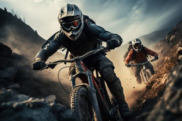 Extreme sports enthusiasts conquering challenging terrain on mountain bikes, reflecting the thrill of adventure. Generative Ai.