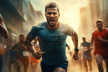 Energetic athletes sprinting towards the finish line, embodying the spirit of competition and determination. Generative Ai.