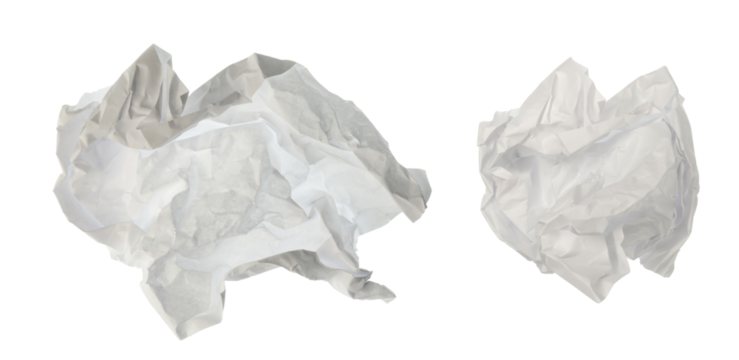 Pieces of Crumpled White Paper, Backlit From Below. Visible Creases and Unevenness on 2 Pieces of Cardboard. No Background. Grunge Demaged Paper Balls. Paper Trash. Wastepaper.