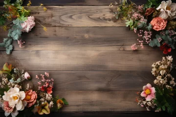 Wandaufkleber A rustic wood and floral template, creating a charming aesthetic for rustic wedding invitations or event announcements. Generative Ai. © Sebastian