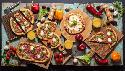 Pizzas on cutting boards with fresh vegetables, basil, tomatoes, apples and orange juice