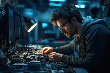 An IT specialist troubleshooting technical issues, illustrating expertise and dedication in the technology sector. Generative Ai.