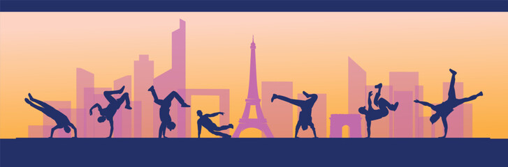 Great editable vector file of breakdancer silhouette in the front of Paris skyline with classy and unique style best for your digital design and print mockup