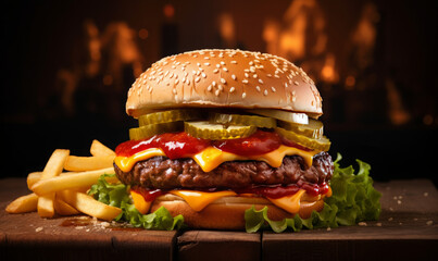 hamburger on a wooden background