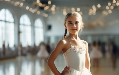 European ballerina girl in dance studio - ballet and dancer concept