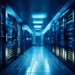 Server Room Computer Datacenter Rack Data cyberspace. A spacious server room with rows of dark colored servers of various sizes, creating an imposing and organized appearance. Iridescent blue lights r