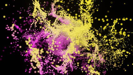 Multicolored flying particles on a black background in 3D illustration - 694577374