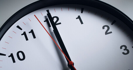 Closeup shot of a wall clock with clock hands showing 12 o'clock, noon or midnight