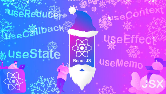React JS colorful background. Development concept with people in a modern flat style, icons, logo background. Flat stock vector illustration.