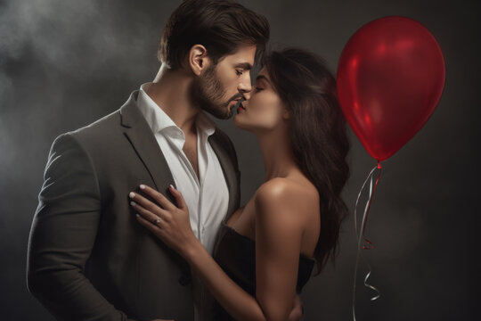 pareja de hombre y mujer besándose vestidos de fiesta junto a un globo rojo con forma de corazón y fondo negro, concepto san valentín