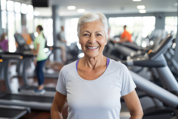 Portrait of smiling senior woman standing on treadmill in fitness center and looking at camera
