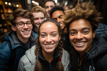 group of smiling multicultural friends looking at camera in street, friendship concept