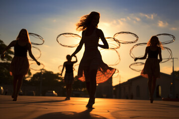Shadows of girls dancing with hula hoops, their movements creating dynamic patterns of light and shadow on the pavement. Generative Ai. - obrazy, fototapety, plakaty
