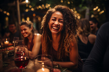 Portrait of a happy young woman sitting in a restaurant with friends.