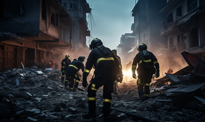 Fototapeta premium Search and rescue forces searching through a destroyed building and streets 