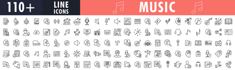 Music line icons set. outline big icon set collection. Audio icons. Microphone, headphone, speaker, equalizer etc. Vector illustration.