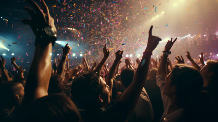Vibrant concert scene, large enthusiastic crowd, diverse ethnicity, various ages, cheering, waving hands, confetti