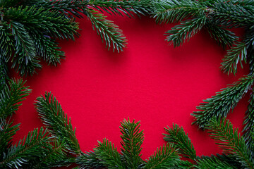 Fototapeta na wymiar Winter red background with branch, needle of Christmas tree.