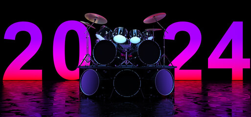A giant, unusual drum kit stands against the background of the glowing numbers 2024. A monstrous drum kit. 3D Render.