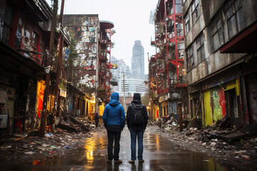 Obraz premium Two people with backpacks walking towards a modern skyscraper from a desolate, decaying urban alley, under an overcast sky.