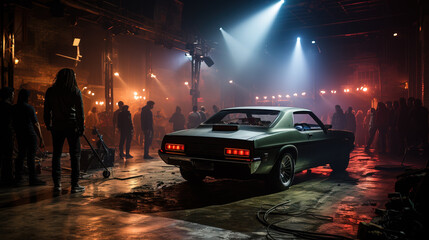 Crowd gathered around a classic car on a film set at night, illuminated by dramatic spotlights. - obrazy, fototapety, plakaty