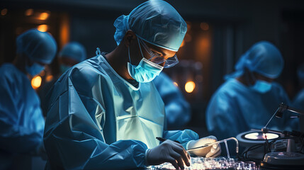 A focused surgeon performing a delicate surgical procedure in a sterile, blue-lit operating room.