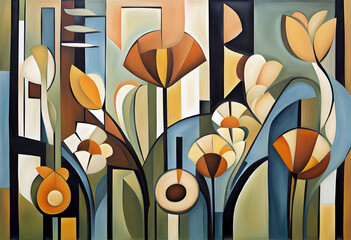 cubist abstract painting of flowers in geometric shapes and subdued colors - obrazy, fototapety, plakaty