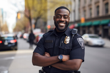 Portrait of happy african american police officer standing on street