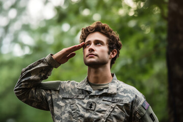 Portrait of young soldier saluting in front of american flag