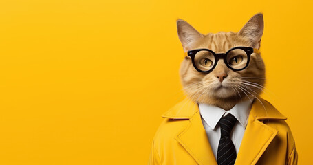 Funny tabby cat in black tie. Serious, handsome cat wearing suit and glasses isolated on yellow background. Professor of the university. Science or education concept with copy space