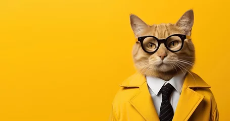 Fotobehang Funny tabby cat in black tie. Serious, handsome cat wearing suit and glasses isolated on yellow background. Professor of the university. Science or education concept with copy space © evgenia_lo