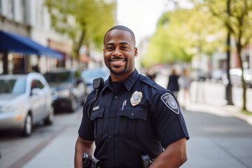 Portrait of happy african american police officer standing on street - obrazy, fototapety, plakaty