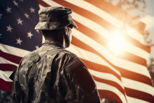 Portrait of young soldier saluting in front of american flag