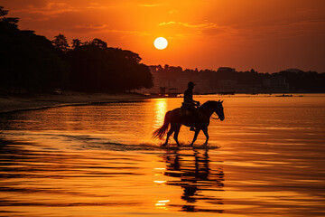 Silhouetted rider on horseback strolls along the beach at sunset, with a warm color palette and serene reflection on water.
