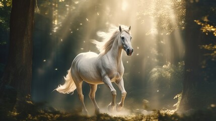 Naklejka premium Freedom concept with Beautiful white horse running through patch of light in the forest