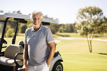 Portrait of happy senior man standing with golf cart on golf course