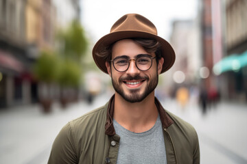 Fototapeta premium Portrait of a smiling young man in hat and glasses standing outdoors
