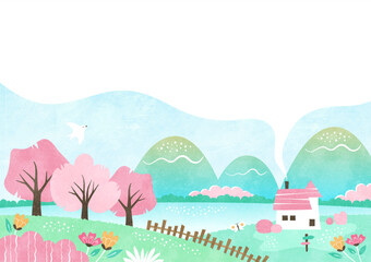 桜の咲く春の自然の風景 水彩と吹き出しの背景フレーム