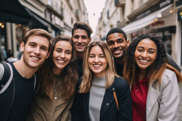 Fototapeta premium Multiethnic group of friends taking a selfie on the street.