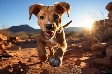 Energetic puppy running towards the camera in a desert landscape during sunset, with joy and excitement under the warm sunlight.