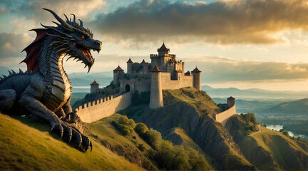majestic and ancient castle fortified on a craggy hill, with a formidable dragon perched alongside, symbolizing strength and impenetrable security against any intruders - obrazy, fototapety, plakaty