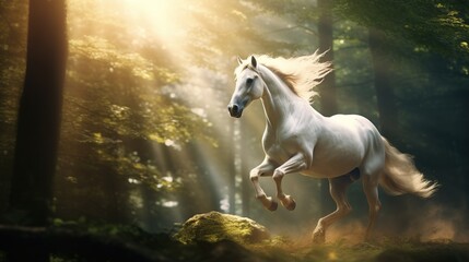 Obraz na płótnie Canvas Freedom concept with Beautiful white horse running through patch of light in the forest