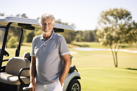 Portrait of happy senior man standing with golf cart on golf course
