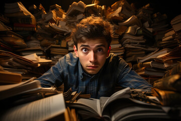 Young man with a worried expression surrounded by towering stacks of books, depicting stress and information overload.