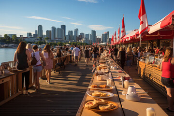 Obraz premium People socializing at a riverfront outdoor dining event during sunset with a city skyline in the background.
