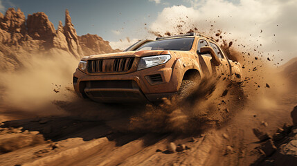 A powerful SUV kicks up dust while speeding along a rugged dirt road in a rocky desert landscape.