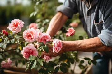 A gardener carefully pruning roses, his hands gentle and experienced