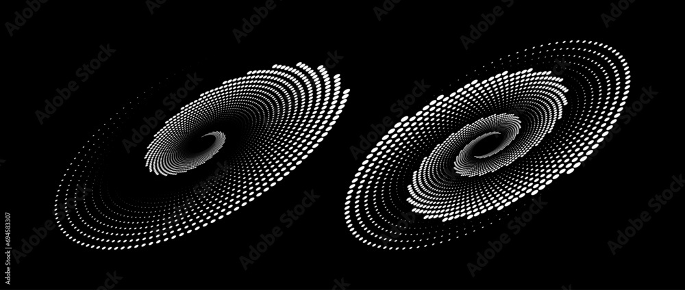Poster Halftone speed spiral set. White spinning dotted lines in perspective. Radial dot swirl elements for logo, print, poster, template, icon, banner. Round technology illustration. Vector pair